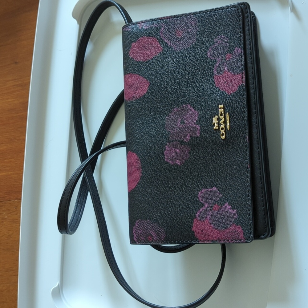 Coach crossbody foldover clutch black purple floral